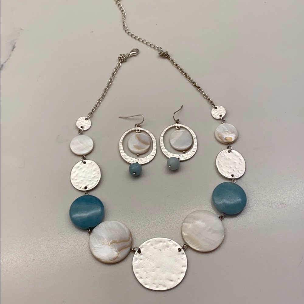 Teal shell silver necklace and earrings
